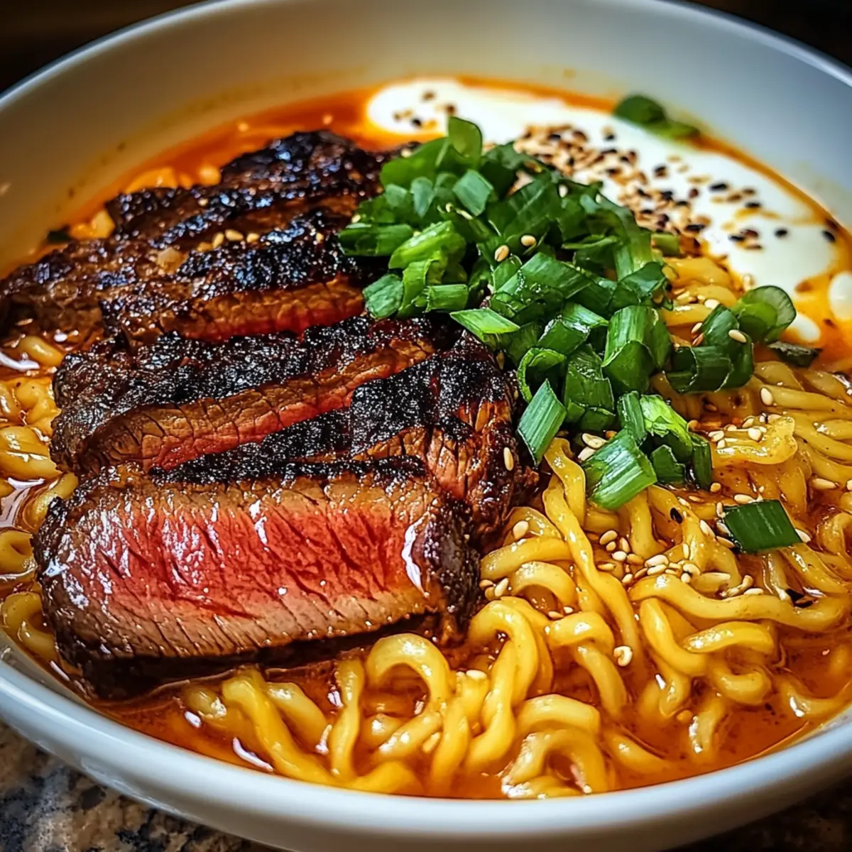 Spicy Korean Ramen with Grilled Beef & Creamy Sauce