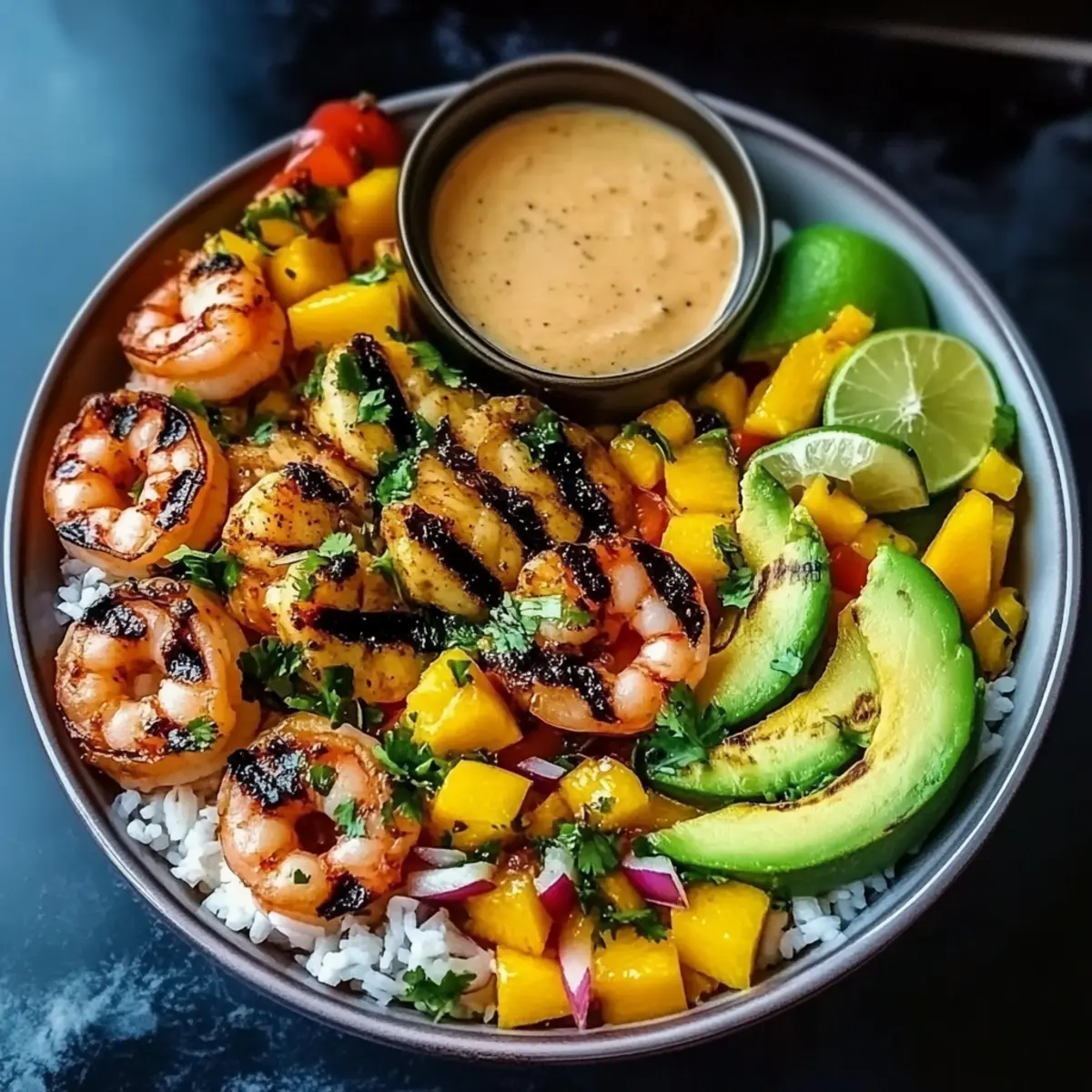 Shrimp and Avocado Bowls with Mango Salsa & Lime-Chili Sauce